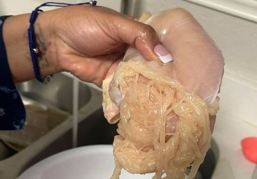 P3. Mom shares disgusting photo of chicken breast that shreds into spaghetti